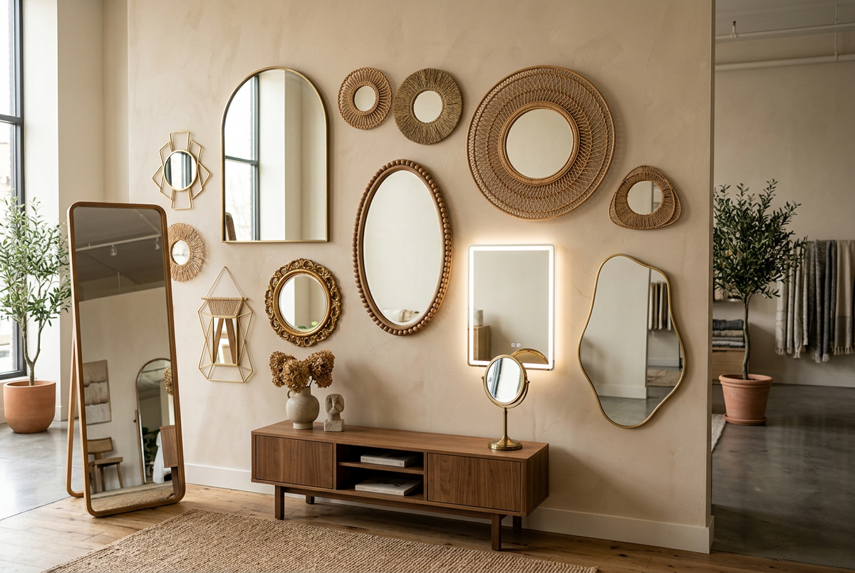 Image alt text: Mirrors Collection featuring wall-mounted mirrors, mirror sets, rattan mirrors, floor-standing mirrors, tabletop mirrors, shaped mirrors and LED mirrors, available in Nairobi, Kenya