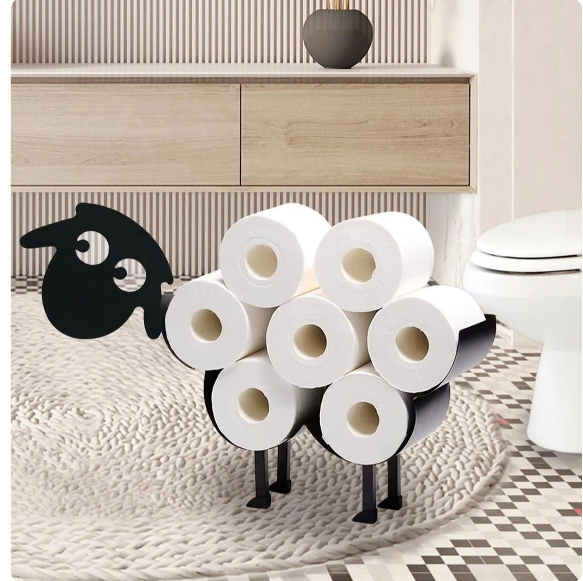 Creative metallic toilet paper holder storage rack 55x30x12cm holding 7 rolls, floor standing or wall mounted bathroom organizer.
