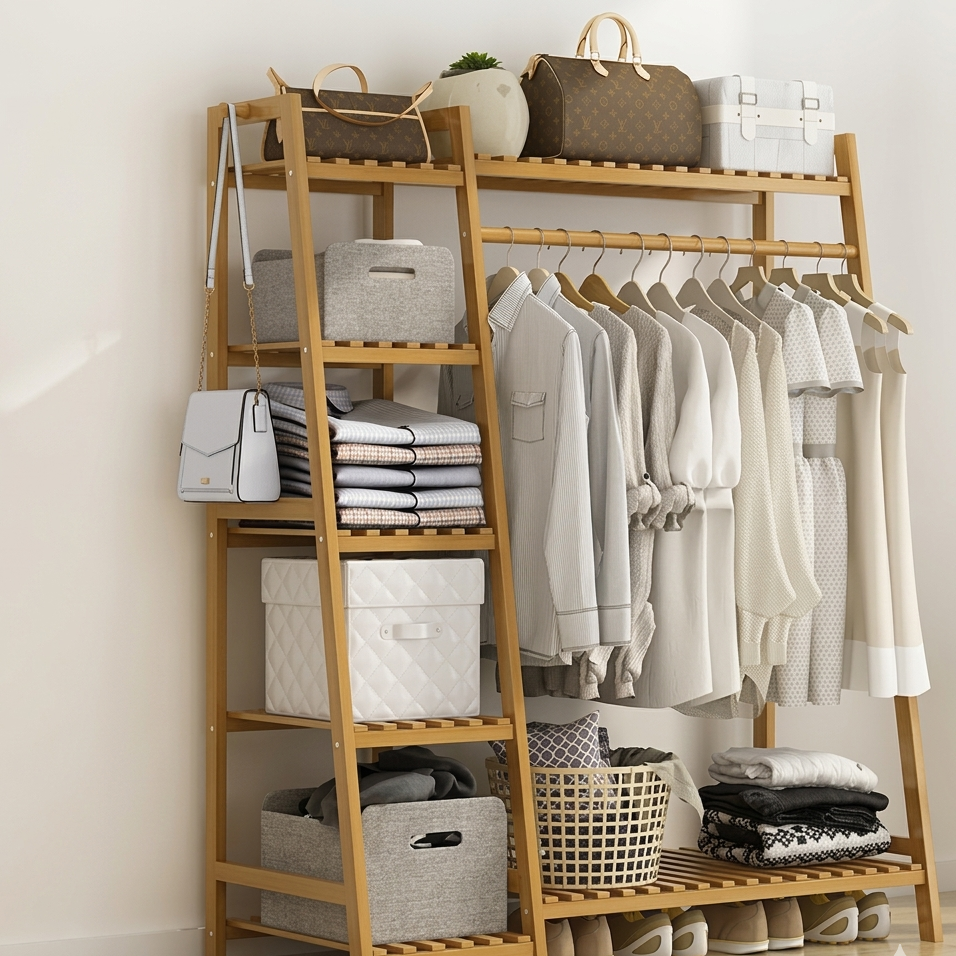 Eco-friendly bamboo multilayer garment clothing hanging rack in natural brown shades