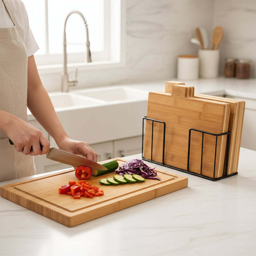 5 piece bamboo chopping board set with four boards and a storage holder