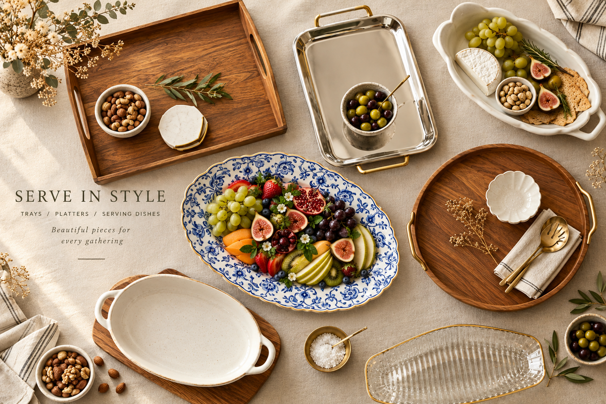 Serving Trays and Platters Collection featuring wooden serving trays, stainless steel trays, glass platters and ceramic serving dishes, available in Nairobi, Kenya