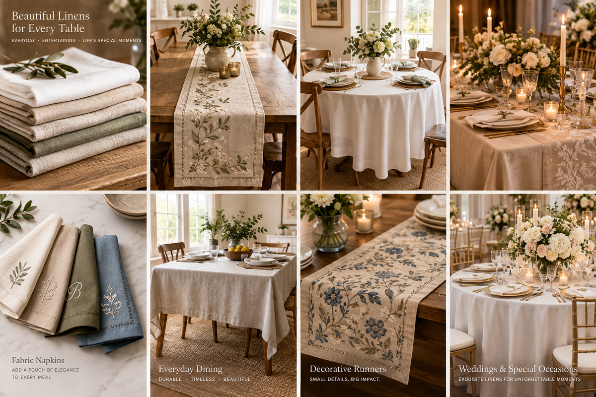 Tablecloths, Runners and Napkins Collection featuring dining tablecloths, decorative table runners, fabric napkins and disposable napkins, available in Nairobi, Kenya