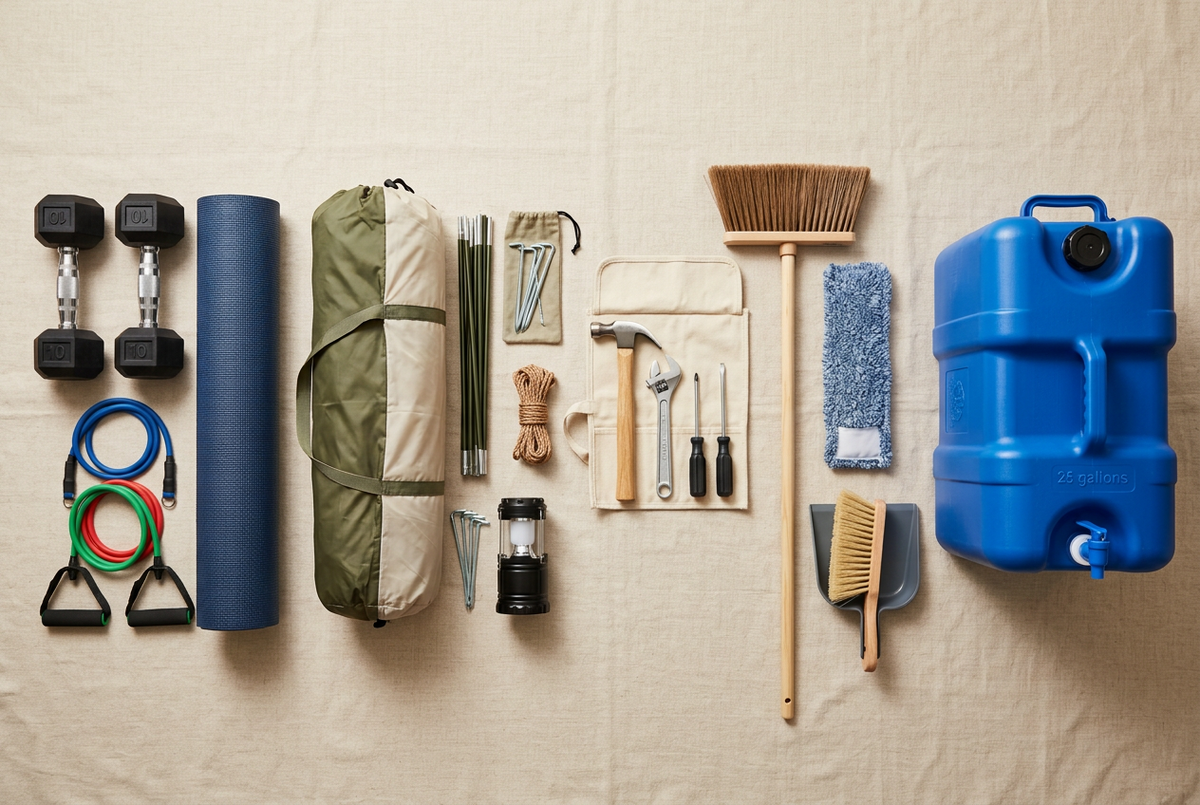 Tools and equipment including fitness and wellness products, tent and camping accessories, hardware tools, manual cleaning tools and water storage tanks, available in Nairobi, Kenya.