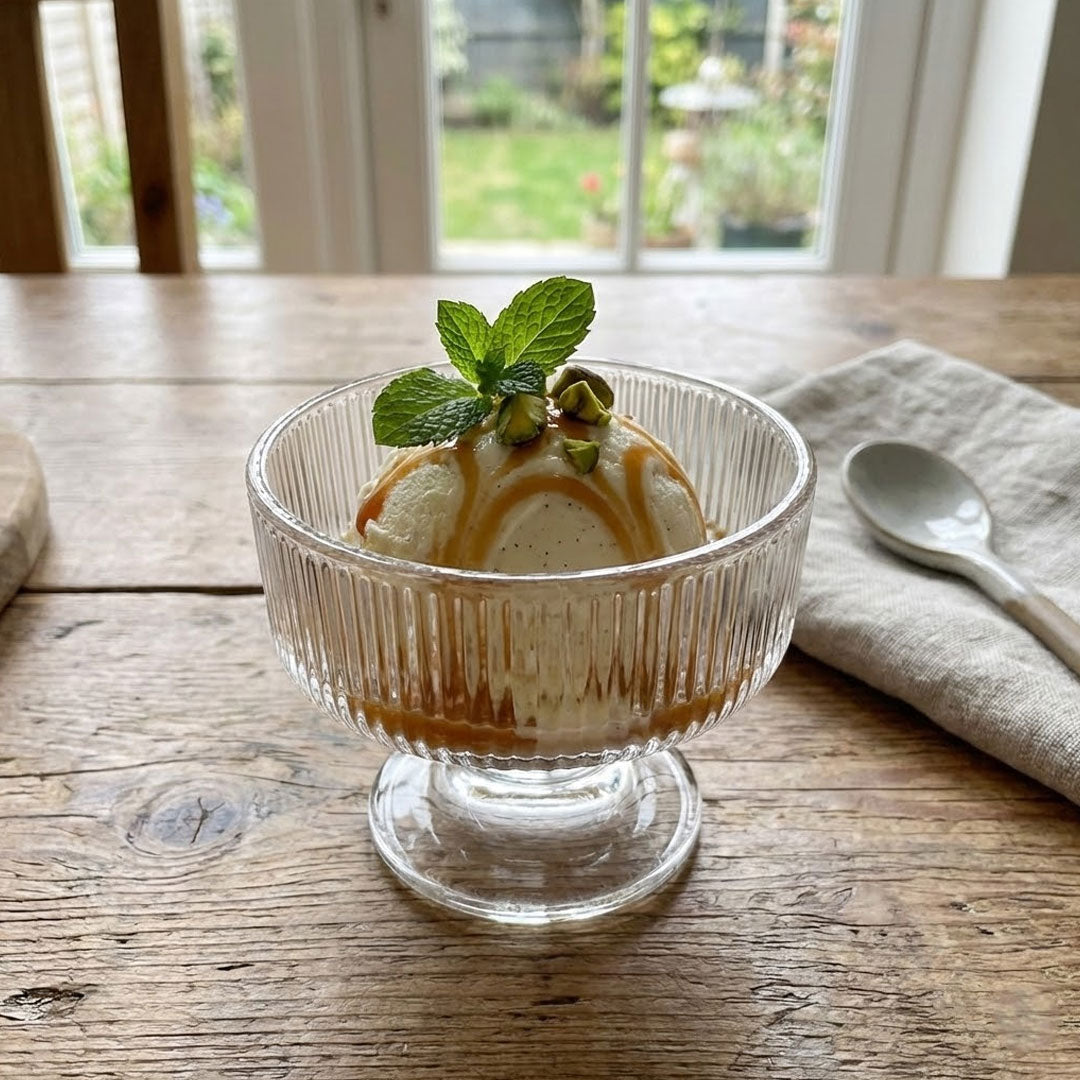 6-piece ribbed glass ice cream bowls, 220ml each, with weighted footed base