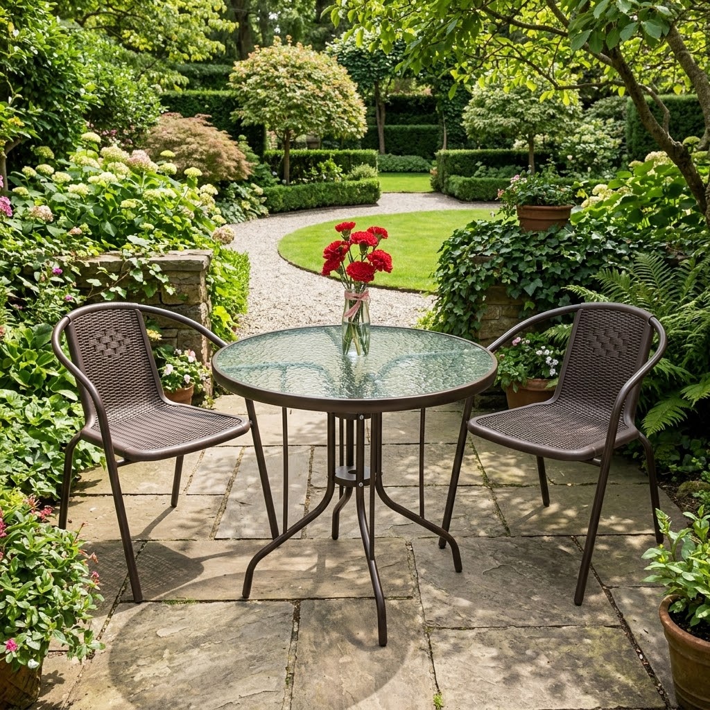 Round outdoor dining table with textured tempered glass top and brown powder-coated metal frame, 60cm wide and 70cm high.
