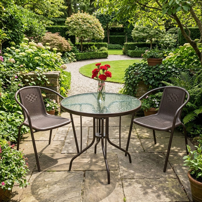 Round outdoor dining table with textured tempered glass top and brown powder-coated metal frame, 60cm wide and 70cm high.