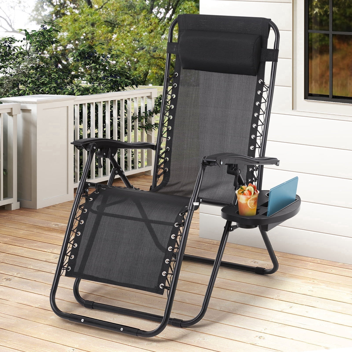 Gemelli Collections adjustable zero gravity recliner folding chair with breathable mesh fabric, padded headrest, cup holder tray, and steel frame in black.
