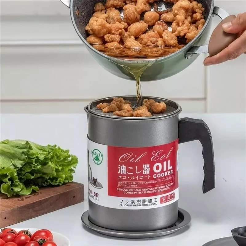  1.4-litre non-rusting metallic cooking oil filter pot with lid and strainer for filtering and storing cooking oil, available in Nairobi, Kenya.