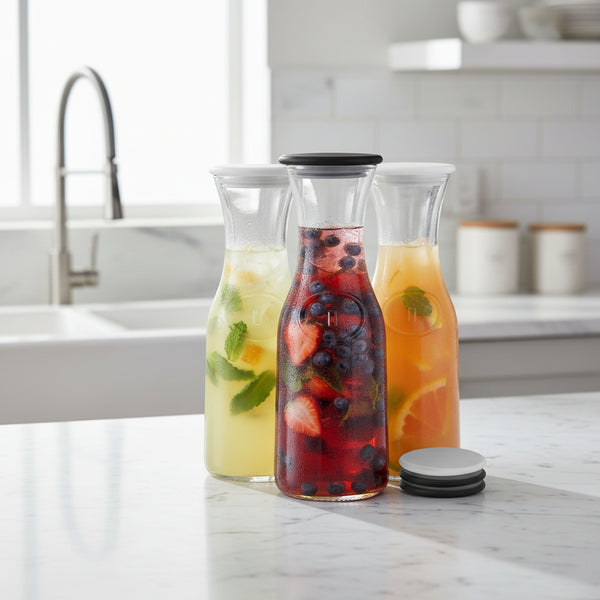 1L clear glass carafe with black plastic lid for water, juice, or cocktails