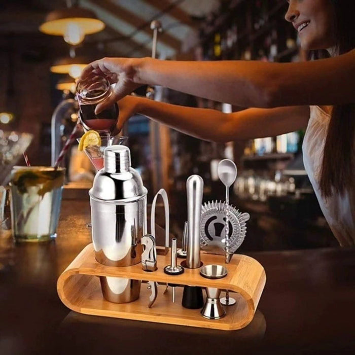 10 piece stainless steel cocktail shaker set with bamboo stand, available in Nairobi, Kenya