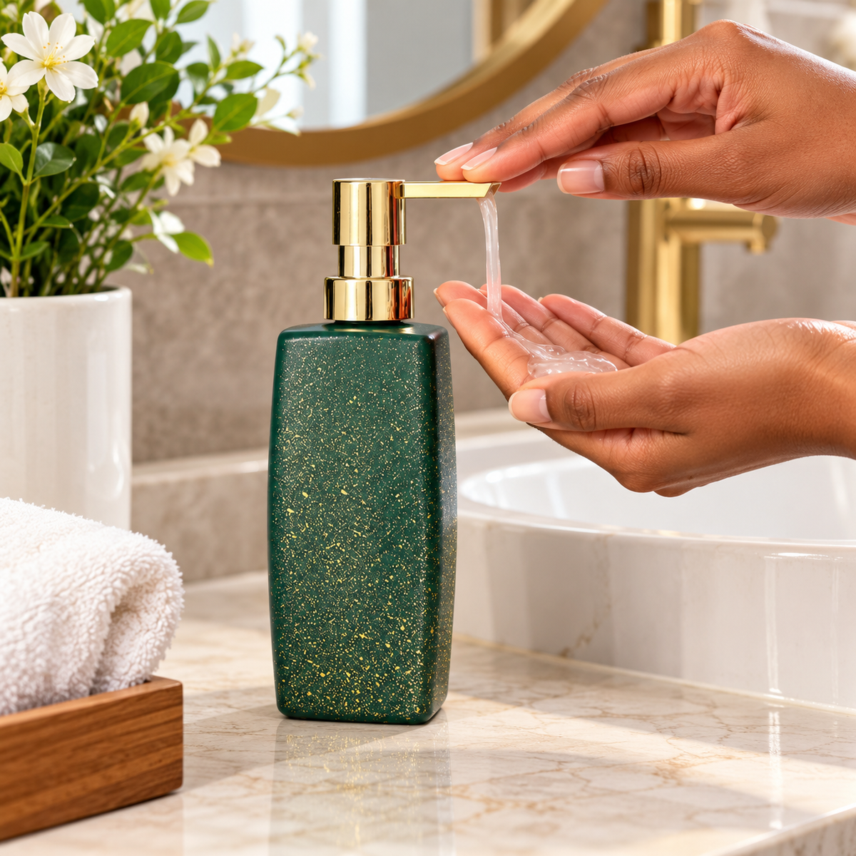 350ml Glass Soap Dispenser Bottle with Marble Effect Design