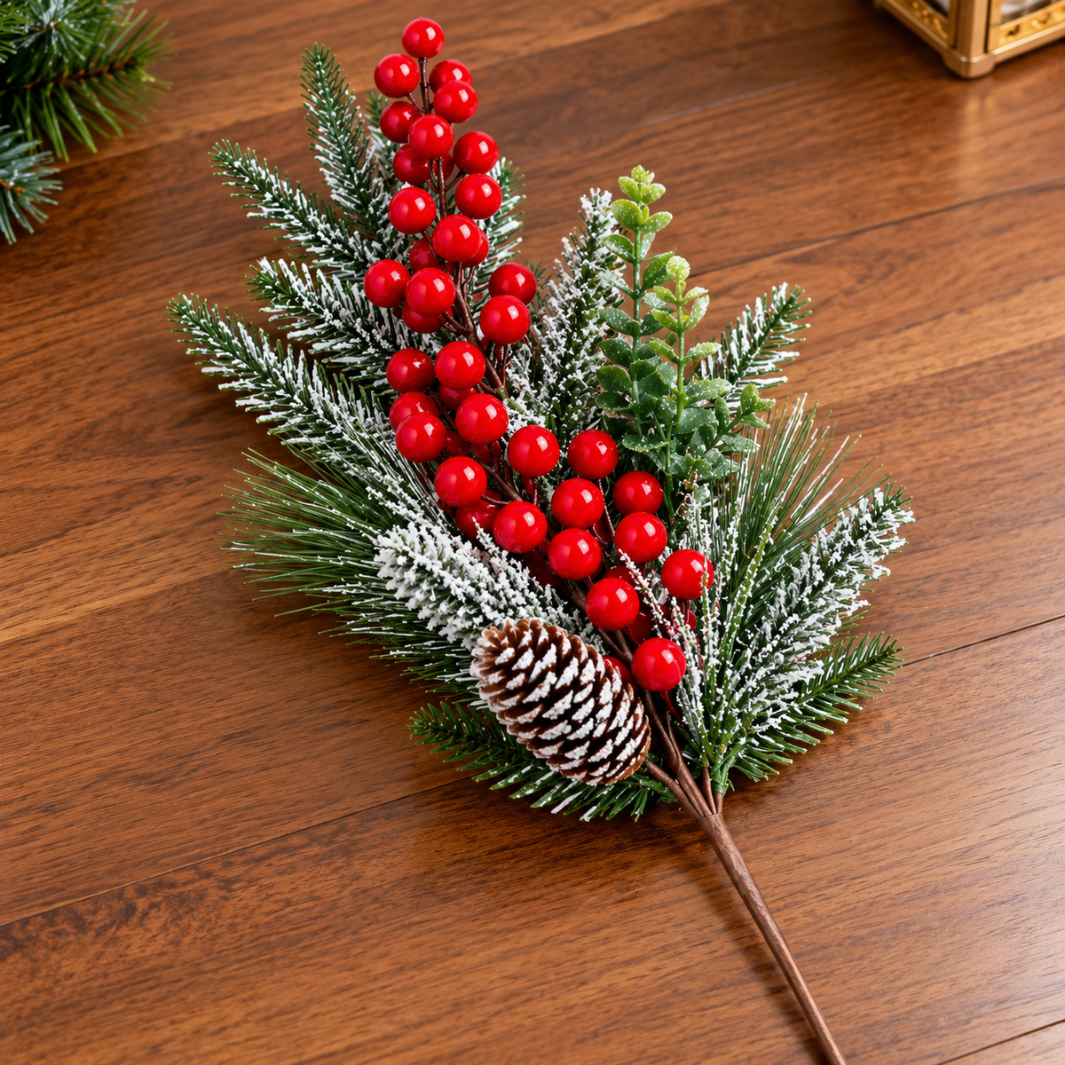 35cm Frosted Christmas Berry Stem with Pinecone and Pine Branches