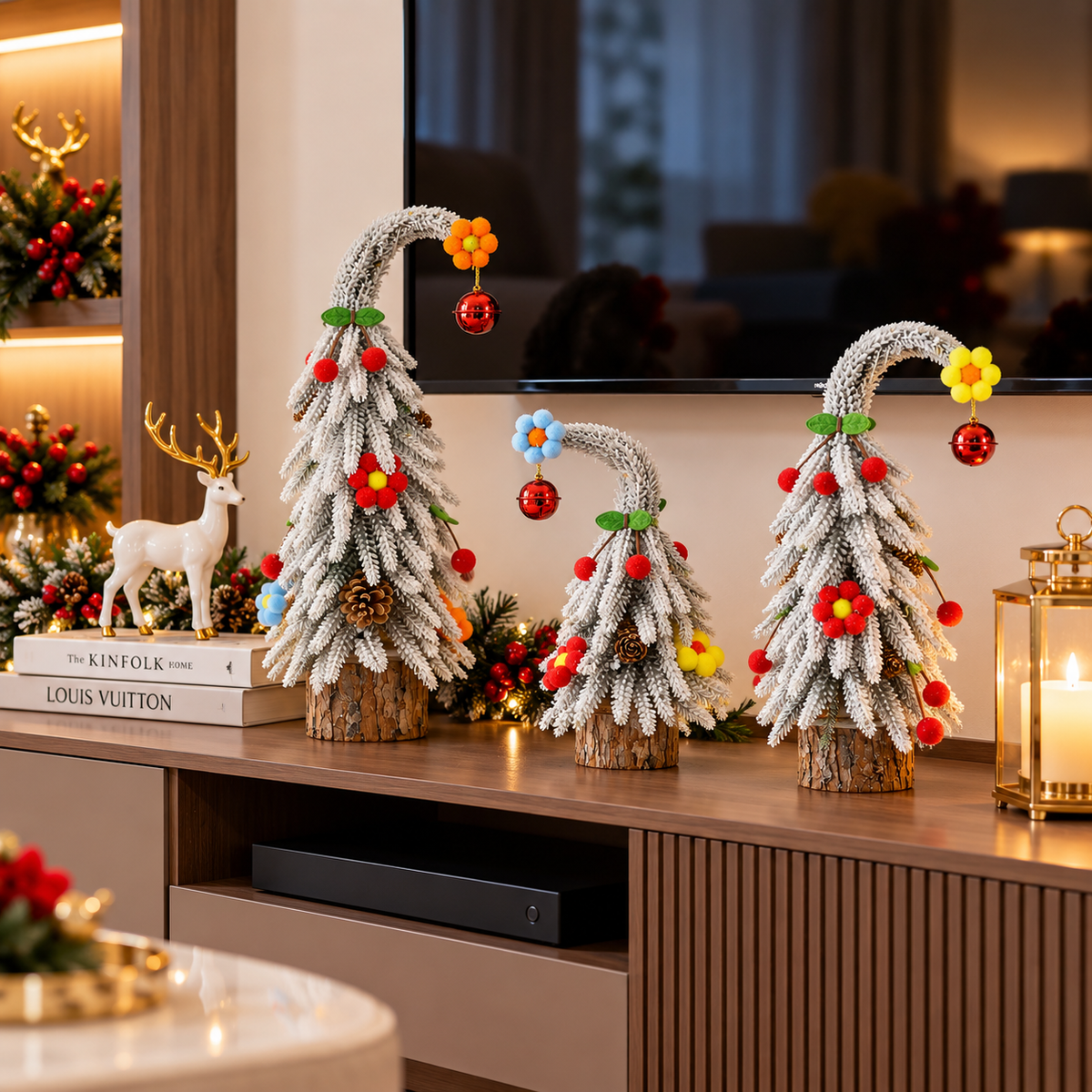 25cm Snow-Covered Christmas Tree Decoration with Wooden Base