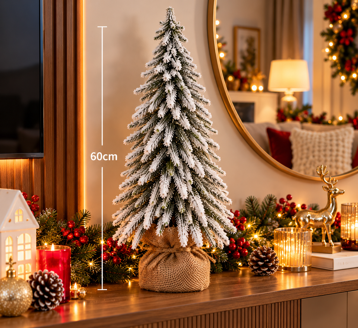60cm Snow-Covered Christmas Tree Decoration with Burlap Base