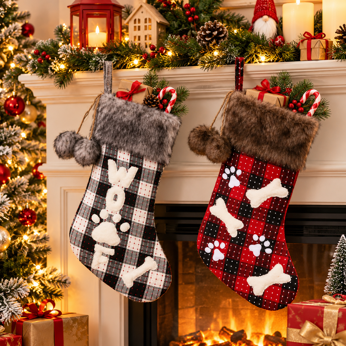 2-Piece Set Plaid Christmas Stockings with Faux Fur Trim