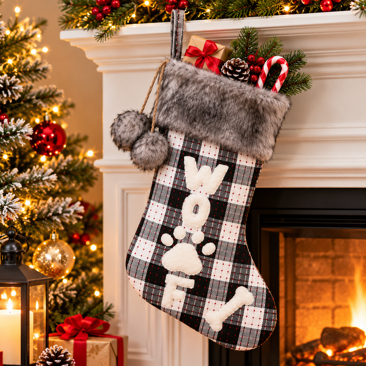 2-Piece Set Plaid Christmas Stockings with Faux Fur Trim