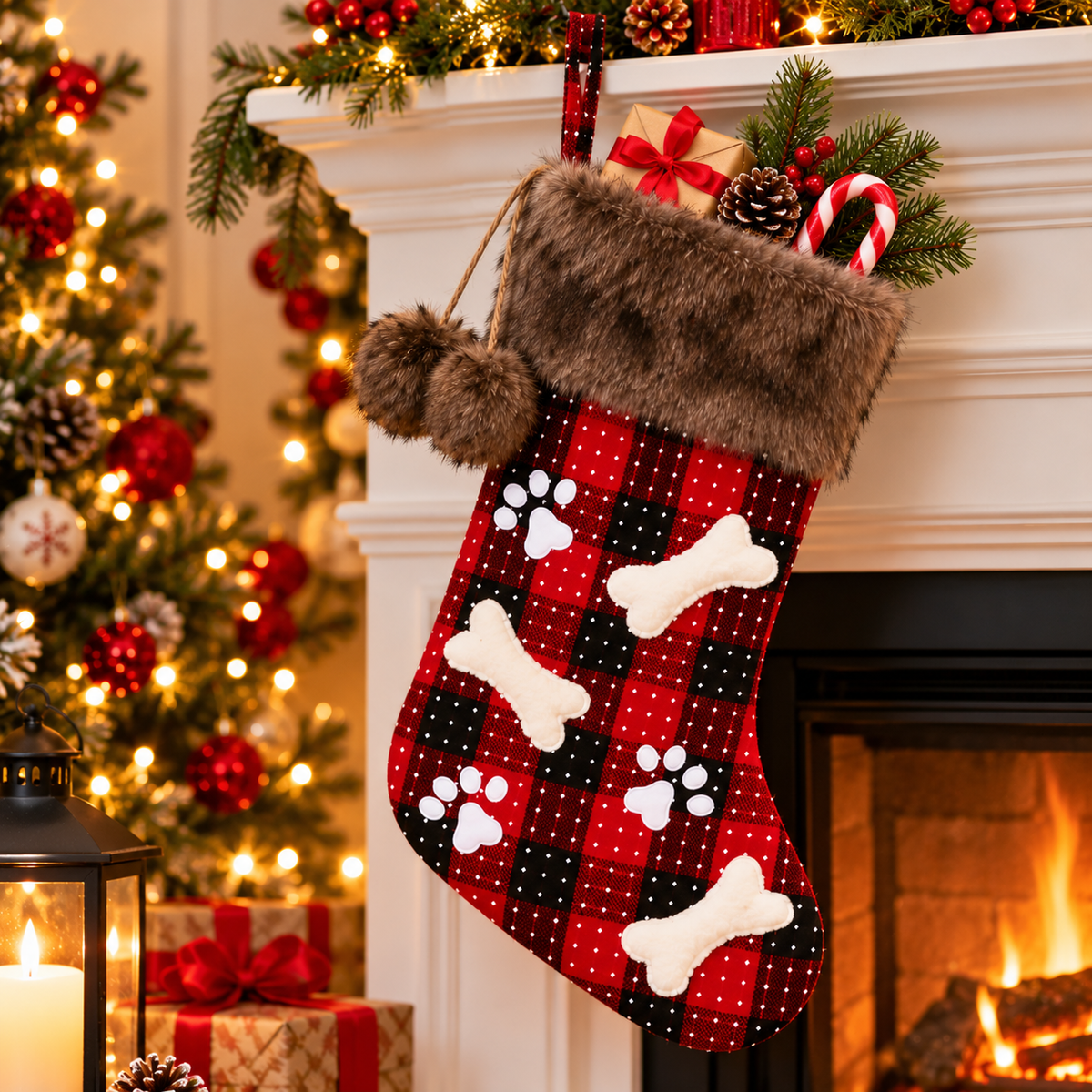 2-Piece Set Plaid Christmas Stockings with Faux Fur Trim