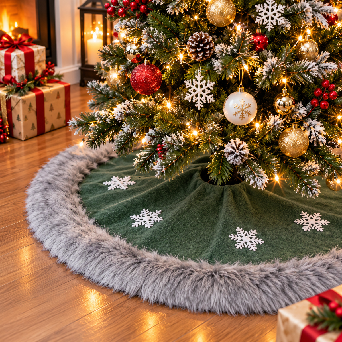 100cm Christmas Tree Skirt with Grey Faux Fur Trim and Snowflake Details