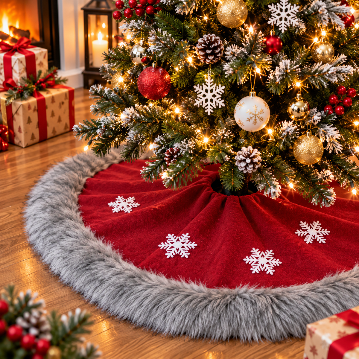 100cm Christmas Tree Skirt with Grey Faux Fur Trim and Snowflake Details