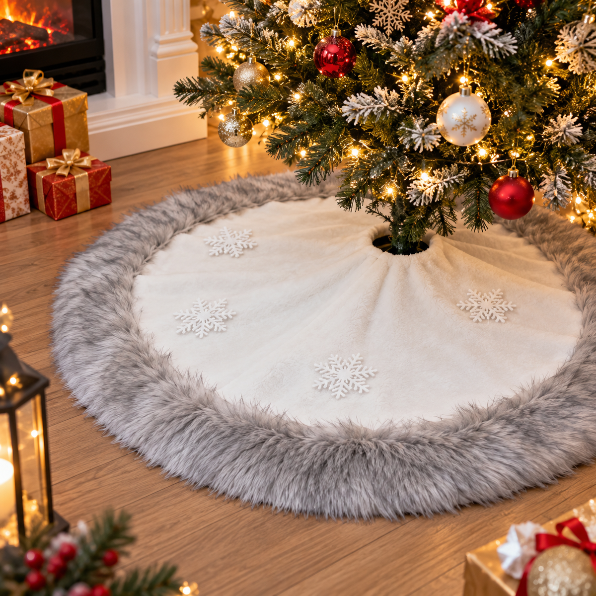 100cm Christmas Tree Skirt with Grey Faux Fur Trim and Snowflake Details