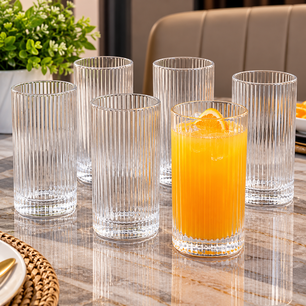 400ml Ribbed Highball Drinking Glass for Juice and Milk
