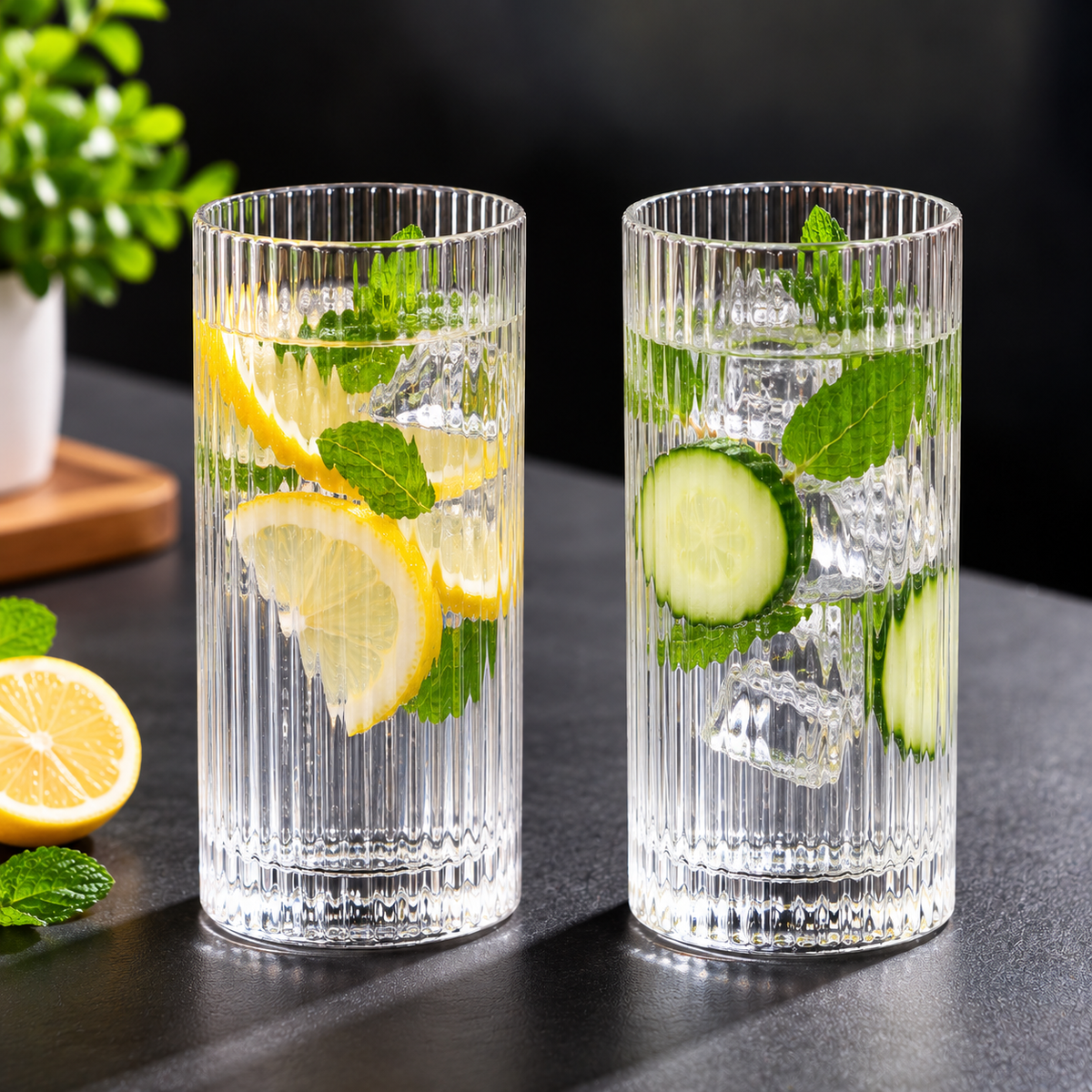 400ml Ribbed Highball Drinking Glass for Juice and Milk
