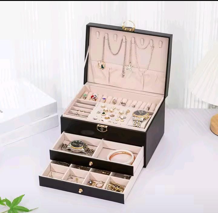 3-Layer Black Leather Jewellery Storage Box
