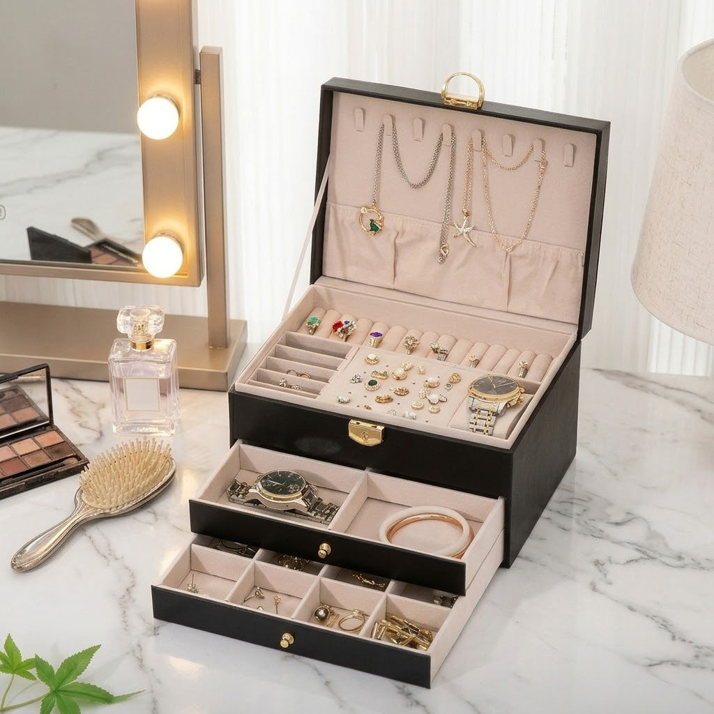 3-Layer Black Leather Jewellery Storage Box