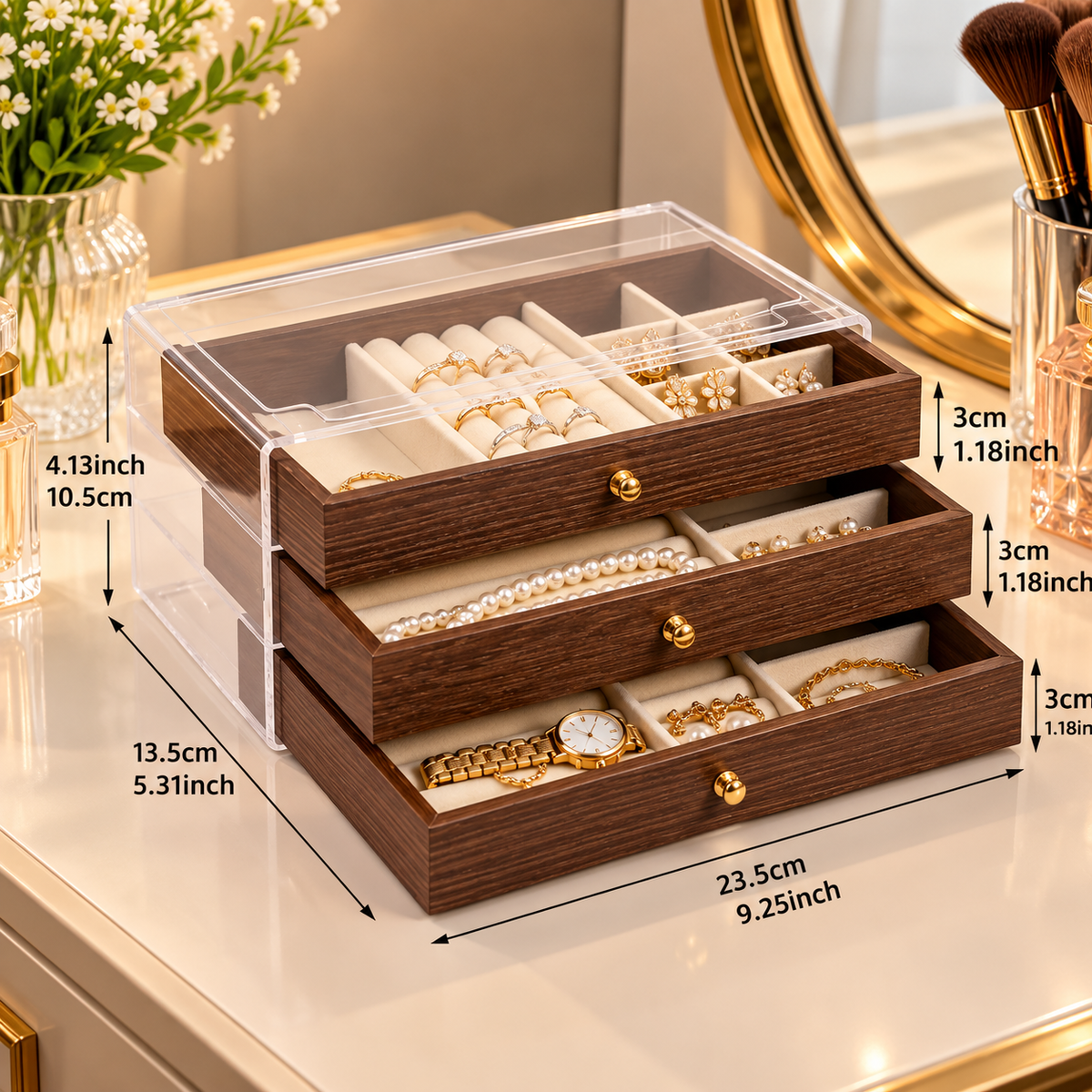 Transparent Acrylic and Wood Jewellery Storage Box – Brown
