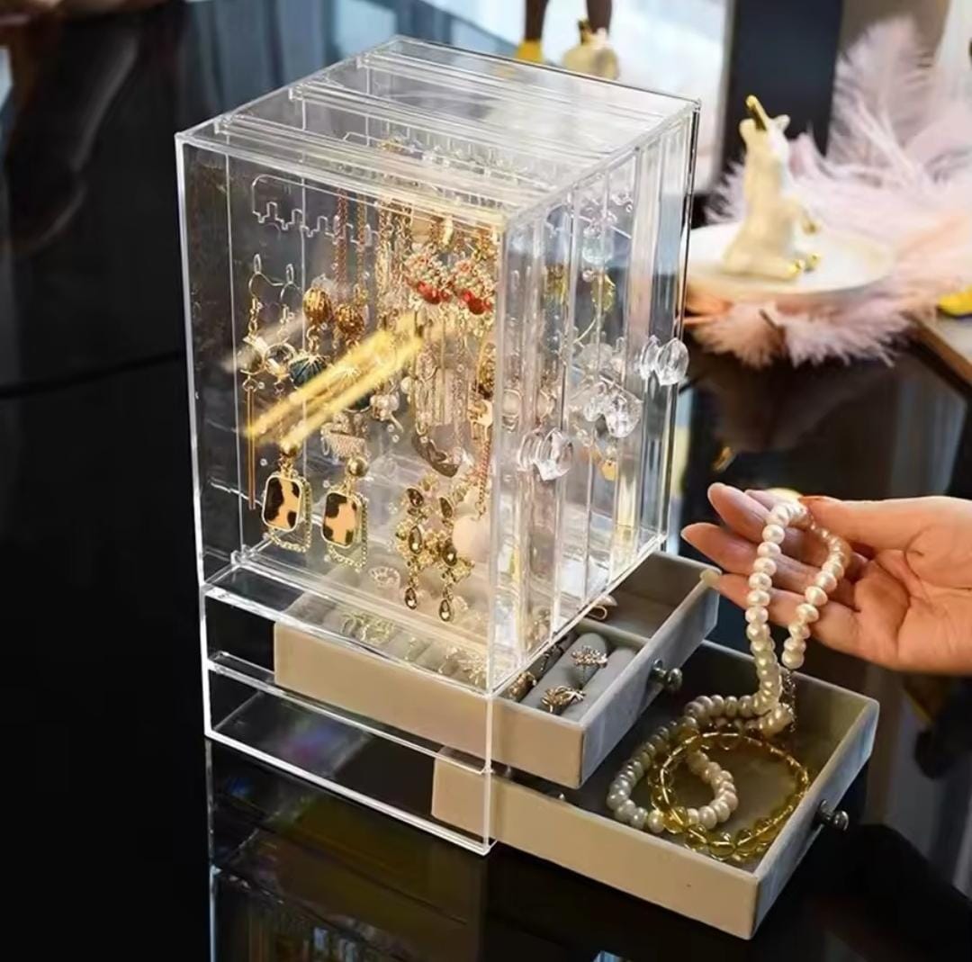 3+2 Acrylic Jewellery Storage Box with Earring and Necklace Display