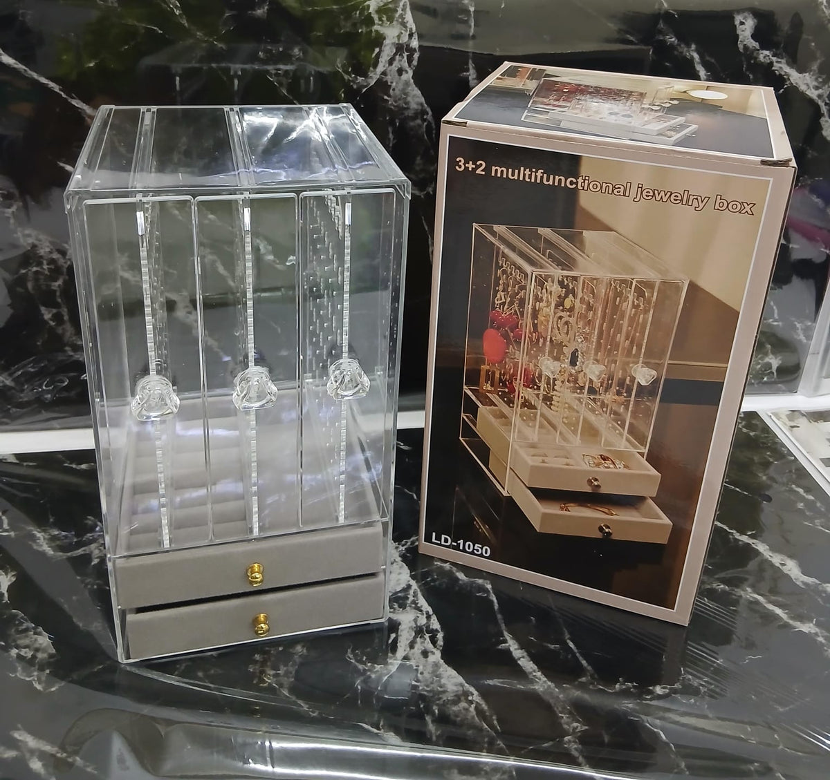 3+2 Acrylic Jewellery Storage Box with Earring and Necklace Display