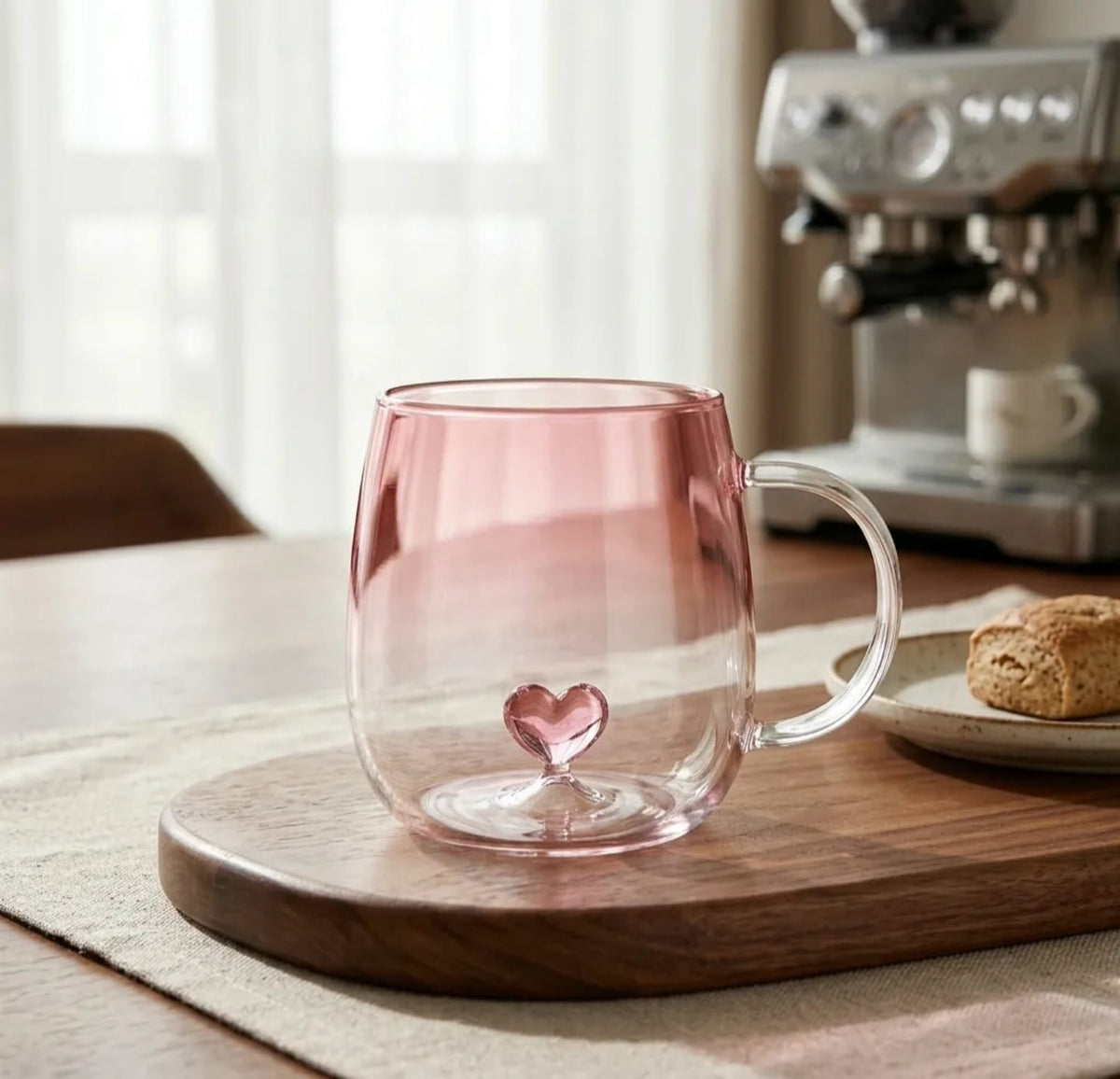 380ml High Borosilicate Glass Mug with Floating Pink Heart Design