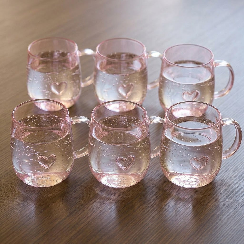 380ml High Borosilicate Glass Mug with Floating Pink Heart Design
