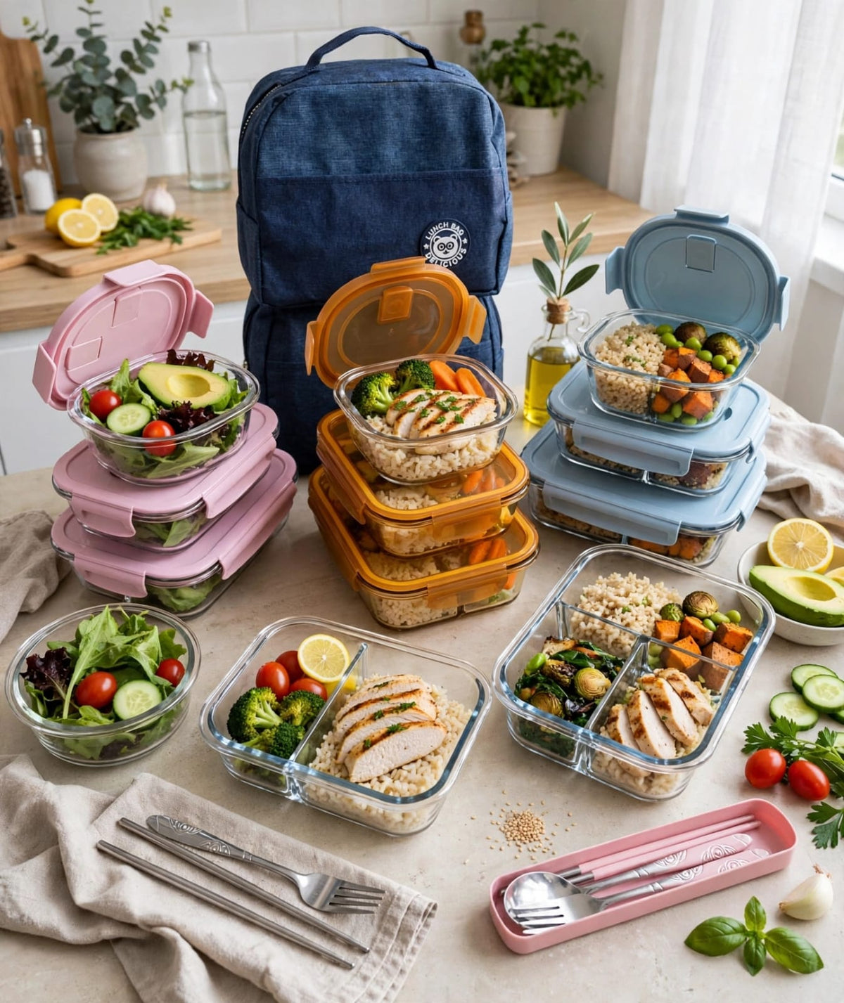 3-in-1 Glass Lunch Box Set with Thermal Bag and Cutlery