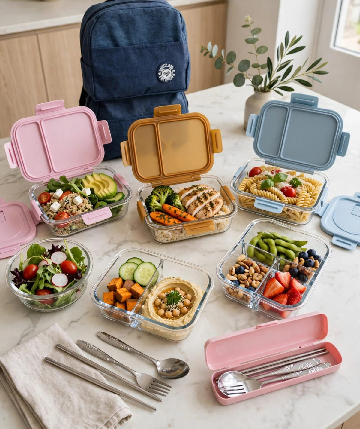 3-in-1 Glass Lunch Box Set with Thermal Bag and Cutlery
