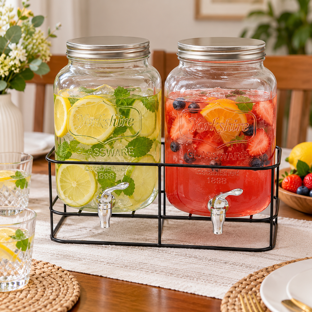 8L Double Glass Juice Dispenser with Black Metal Stand