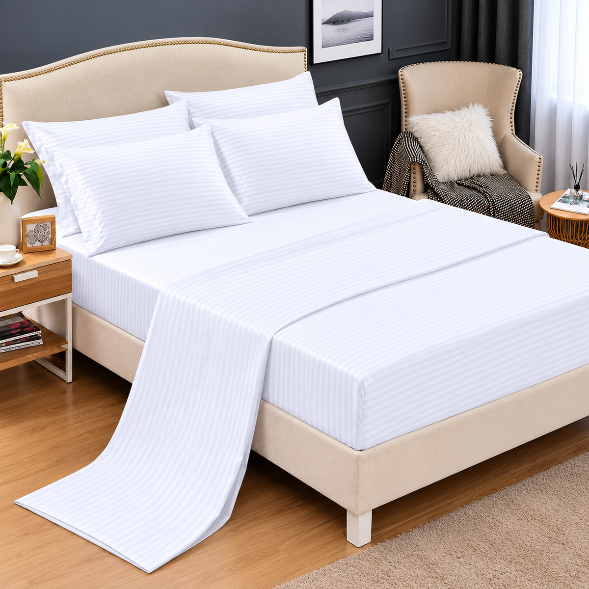 6 × 7 Cotton Fitted Bedsheet Set with 4 Pillowcases