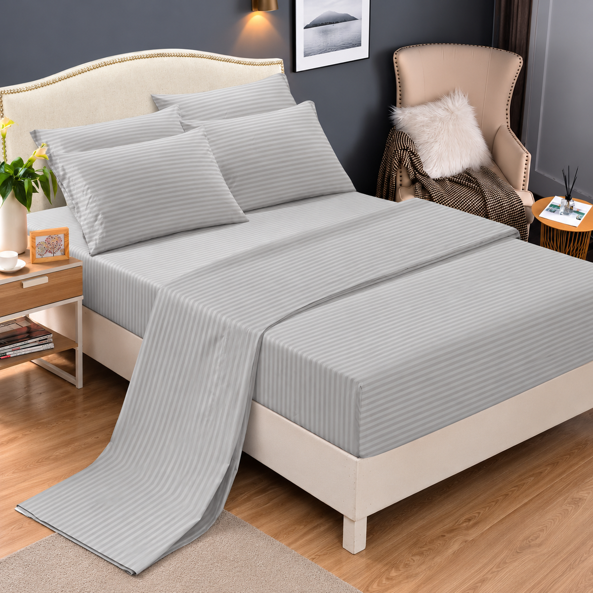 6 × 7 Cotton Fitted Bedsheet Set with 4 Pillowcases