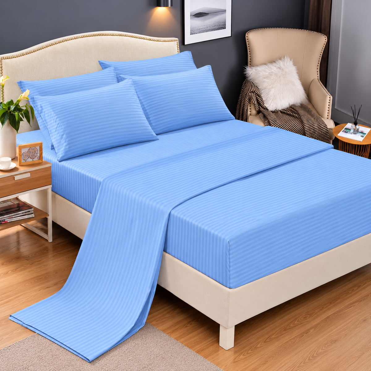 6 × 7 Cotton Fitted Bedsheet Set with 4 Pillowcases
