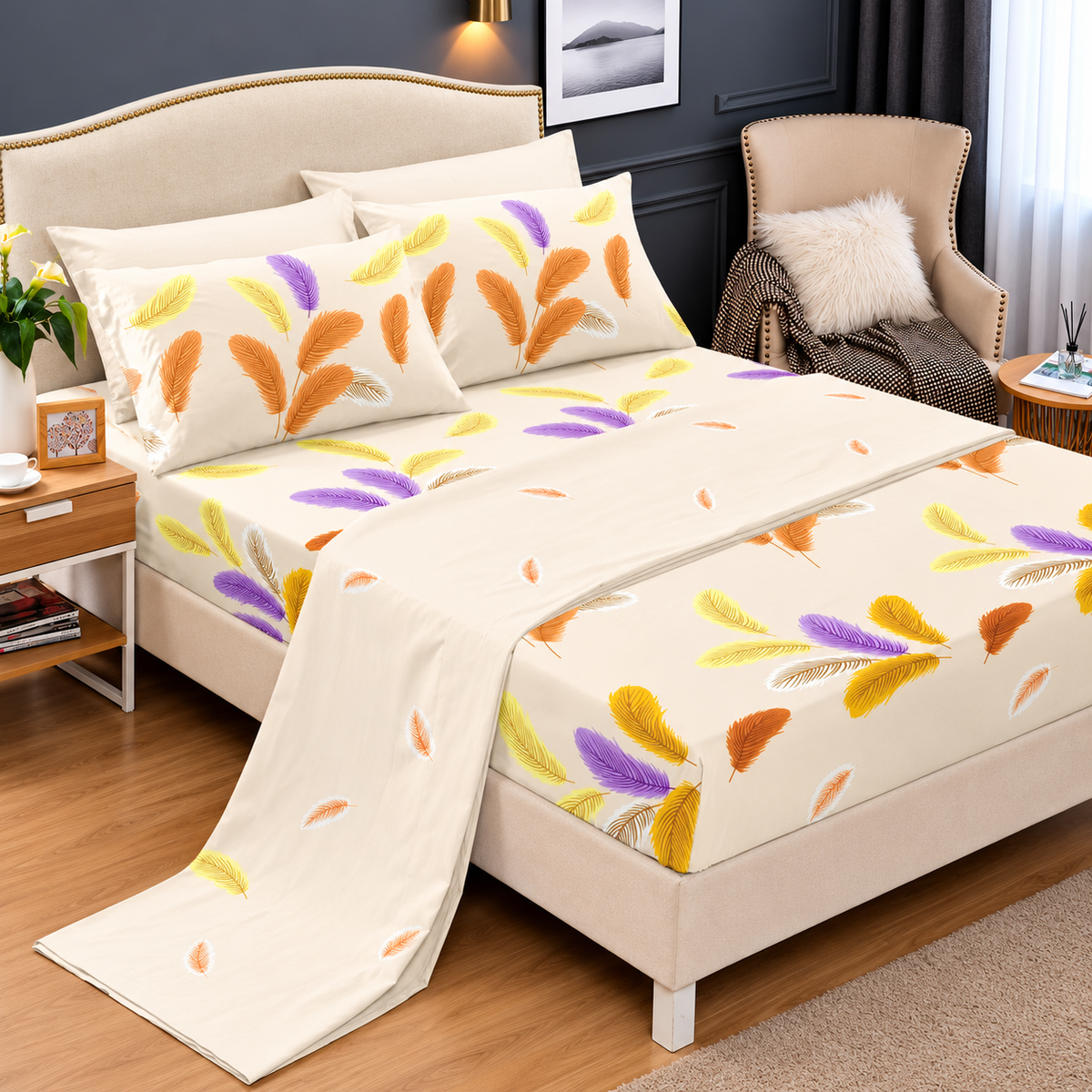 6 × 7 Cotton Fitted Bedsheet Set with 4 Pillowcases