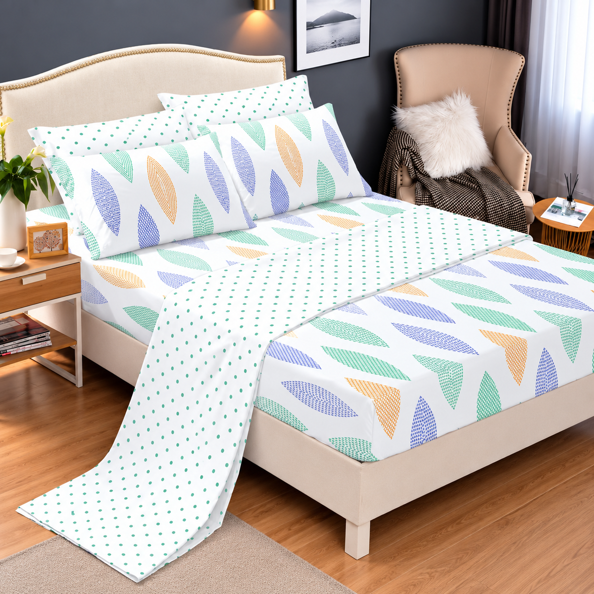 6 × 7 Cotton Fitted Bedsheet Set with 4 Pillowcases