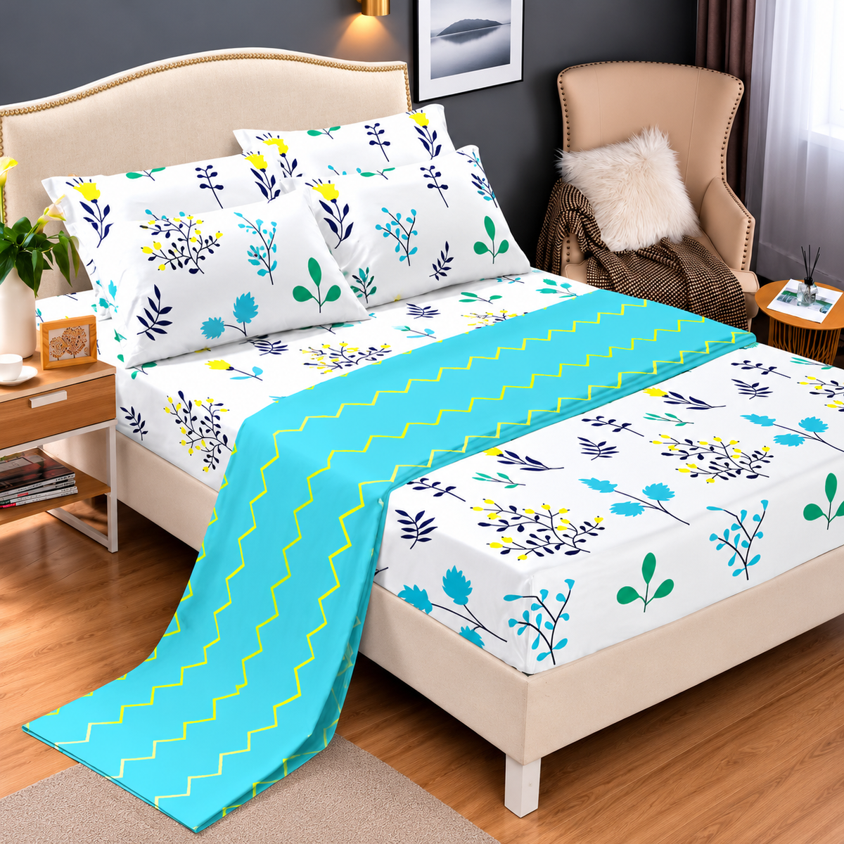 6 × 7 Cotton Fitted Bedsheet Set with 4 Pillowcases