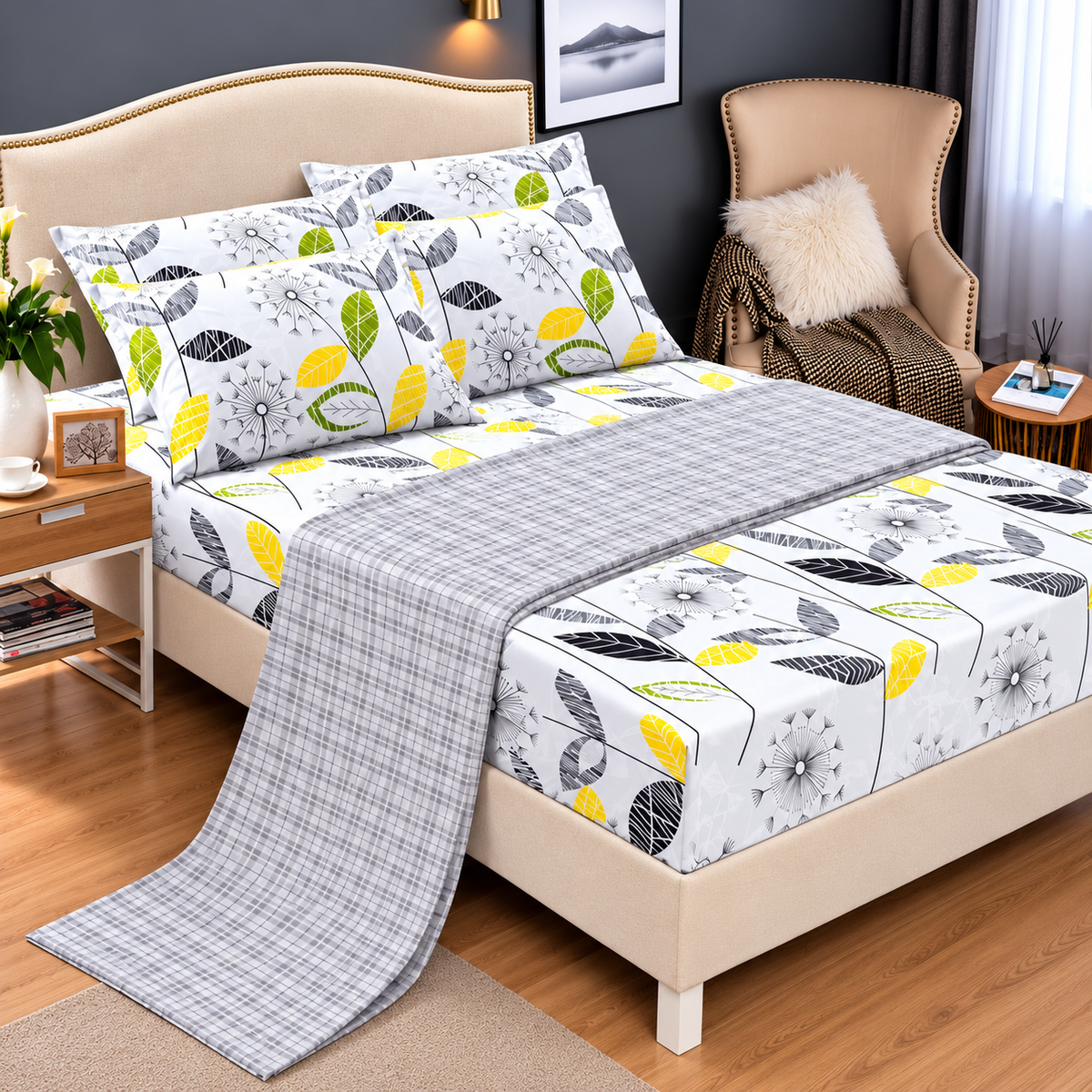 6 × 7 Cotton Fitted Bedsheet Set with 4 Pillowcases