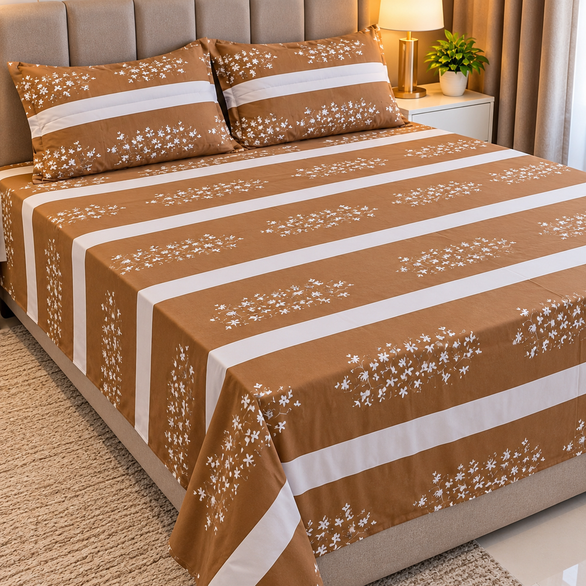 6×7 Cotton Bedsheet Set with Fitted Sheet and Pillowcases