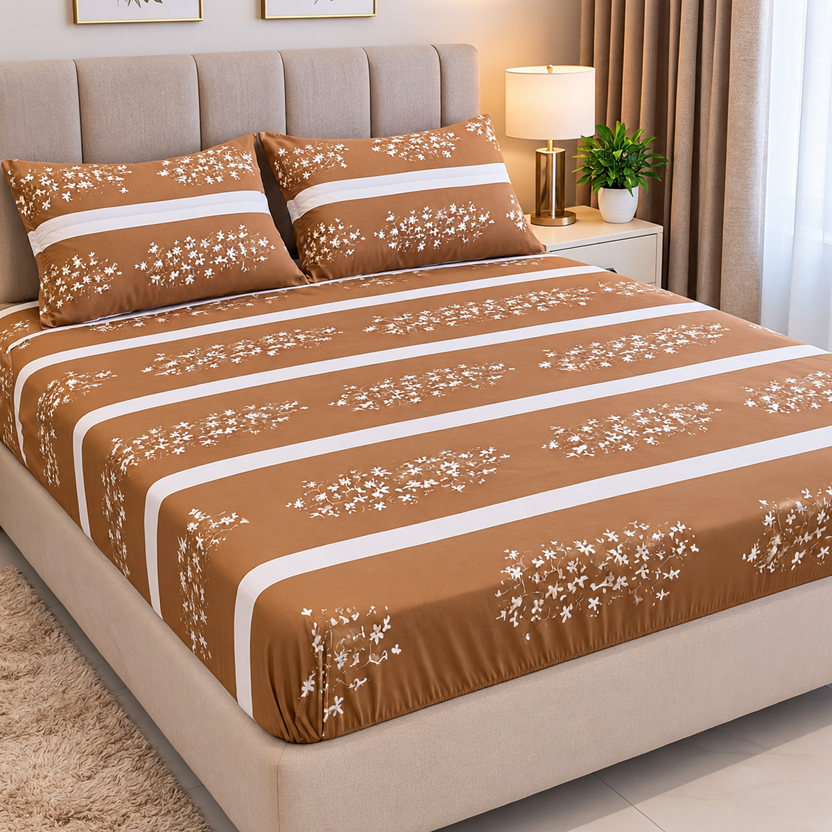 6×7 Cotton Bedsheet Set with Fitted Sheet and Pillowcases