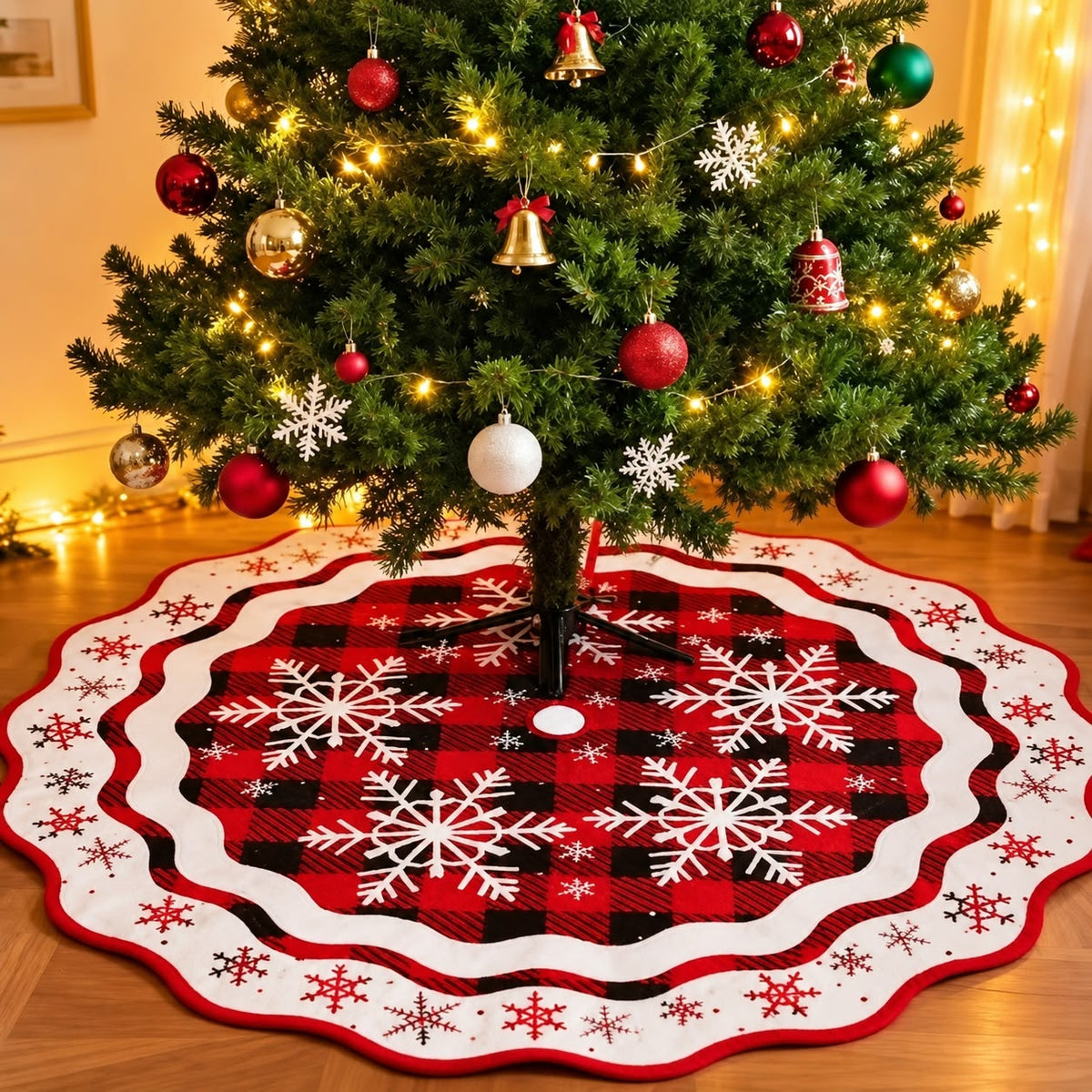 100cm Round Christmas Tree Skirt Red Black White Snowflake Pattern