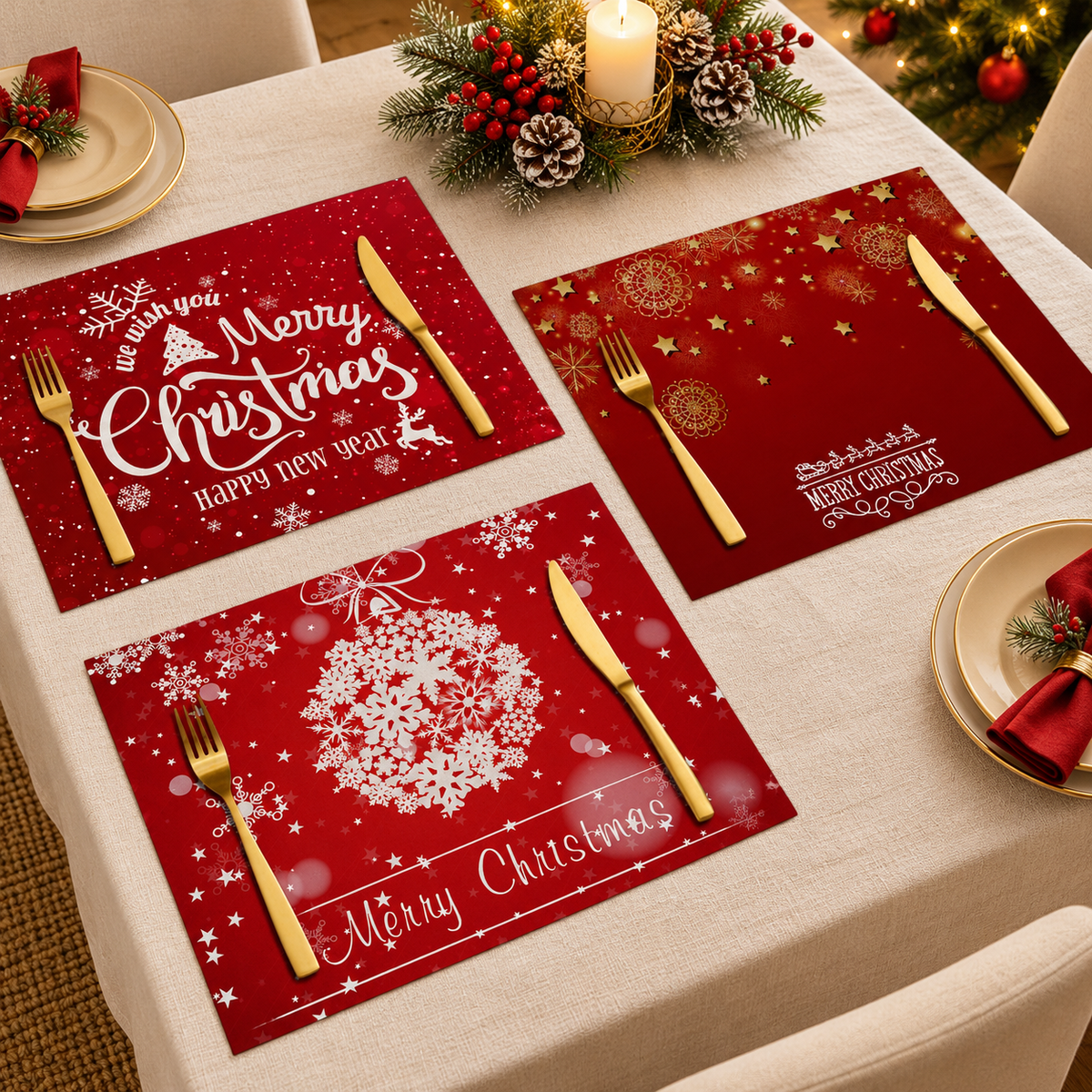 6-Piece 38.1cm Christmas Tree Round Table Placemats