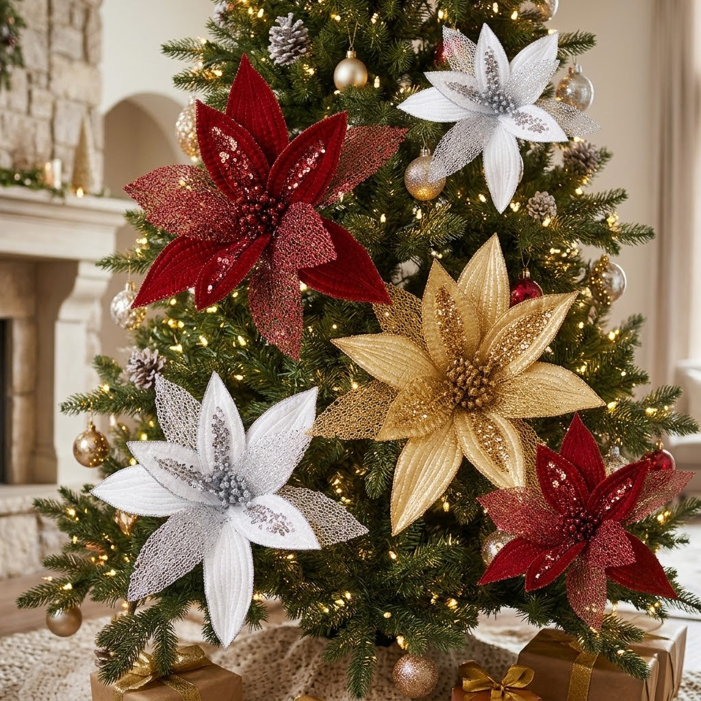 3-Piece Glitter Poinsettia Christmas Flower Decoration