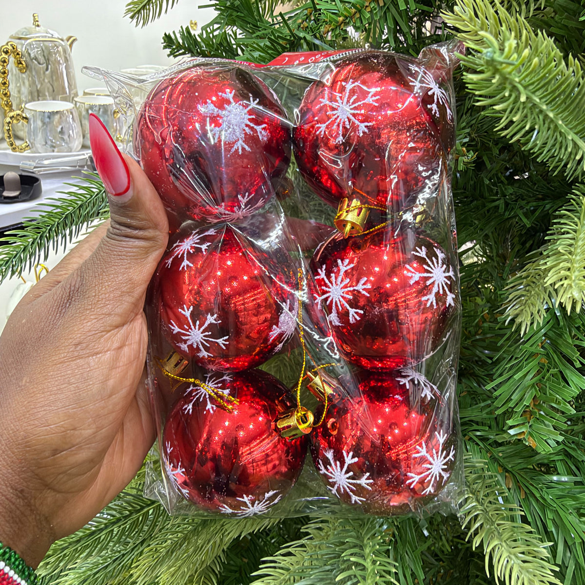 6-Piece Red Christmas Baubles with Gold Patterns 6cm