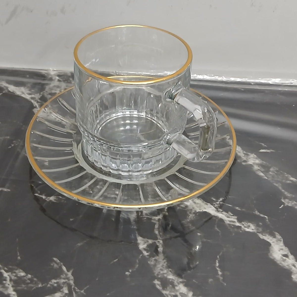 6-Piece Glass Cup and Saucer Set with Gold Rim 270ml